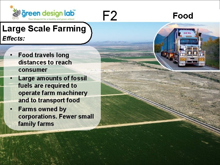 F 2 Food Large Scale Farming. Agriculture Practices Industrial Effects: • Food travels long