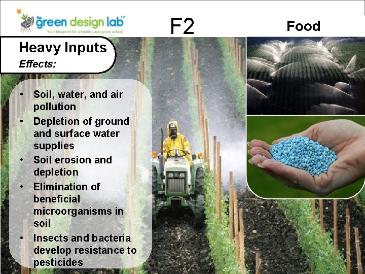 F 2 Heavy Inputs Effects: • Soil, water, and air pollution • Depletion of
