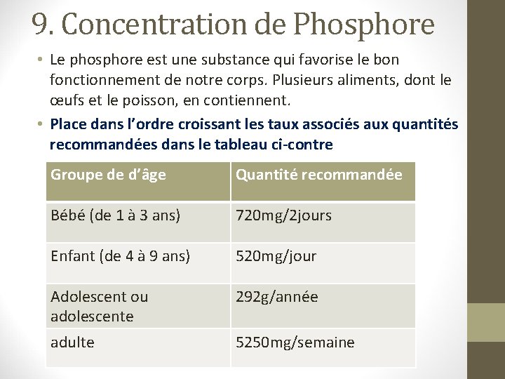 9. Concentration de Phosphore • Le phosphore est une substance qui favorise le bon