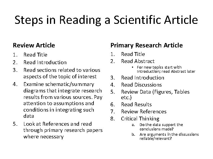 Steps in Reading a Scientific Article Review Article Primary Research Article 1. Read Title