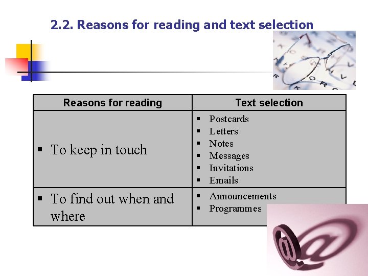 2. 2. Reasons for reading and text selection Reasons for reading Text selection To