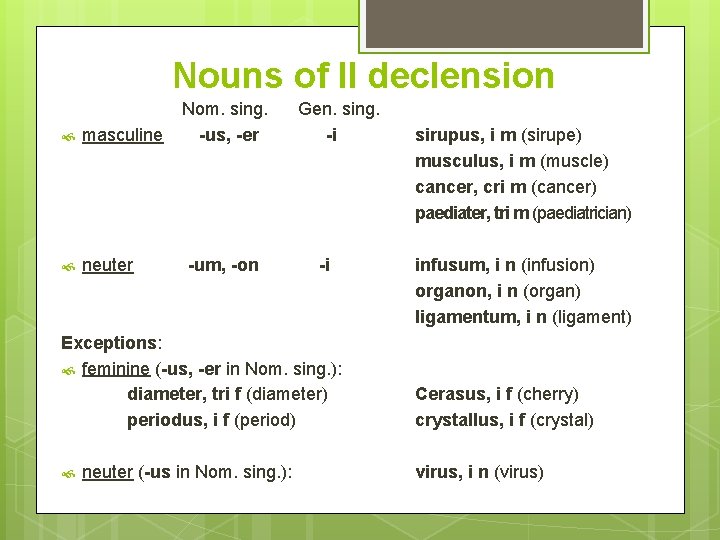Nouns of II declension masculine neuter Nom. sing. -us, -er -um, -on Gen. sing.