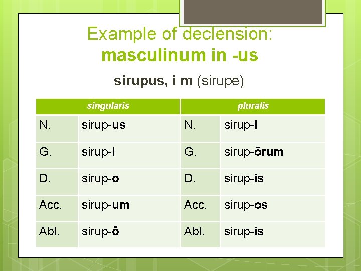 Example of declension: masculinum in -us sirupus, i m (sirupe) singularis pluralis N. sirup-us