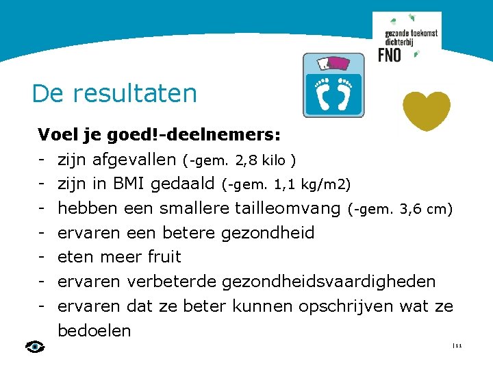 De resultaten Voel je goed!-deelnemers: - zijn afgevallen (-gem. 2, 8 kilo ) -