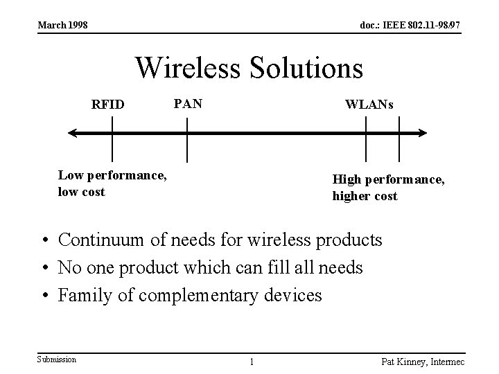 March 1998 doc. : IEEE 802. 11 -98/97 Wireless Solutions RFID PAN WLANs Low