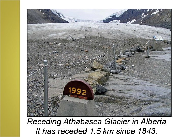 Receding Athabasca Glacier in Alberta It has receded 1. 5 km since 1843. 