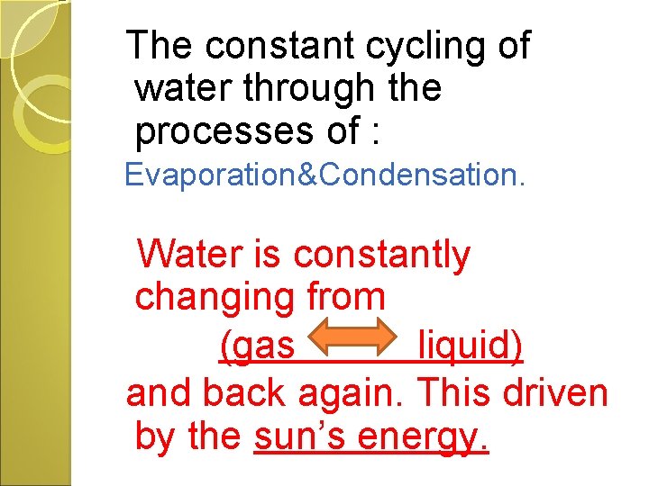 The constant cycling of water through the processes of : Evaporation&Condensation. conde nsatio Water