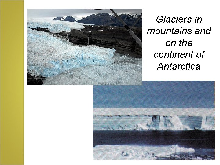 Glaciers in mountains and on the continent of Antarctica 