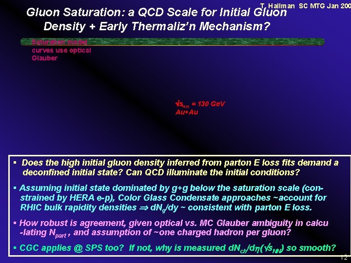 T. Hallman SC MTG Jan 200 Gluon Saturation: a QCD Scale for Initial Gluon