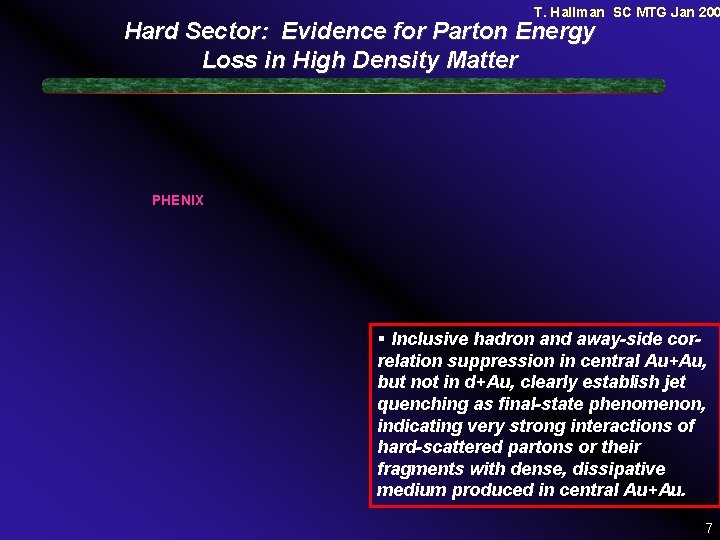 T. Hallman SC MTG Jan 200 Hard Sector: Evidence for Parton Energy Loss in