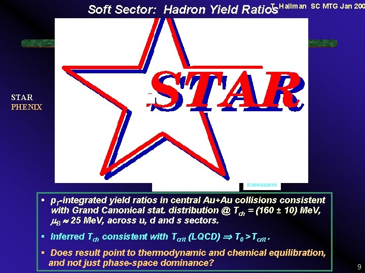 T. Hallman Soft Sector: Hadron Yield Ratios SC MTG Jan 200 STAR PHENIX Strangeness