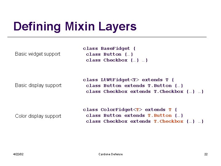 Defining Mixin Layers Basic widget support class Base. Fidget { class Button {…} class