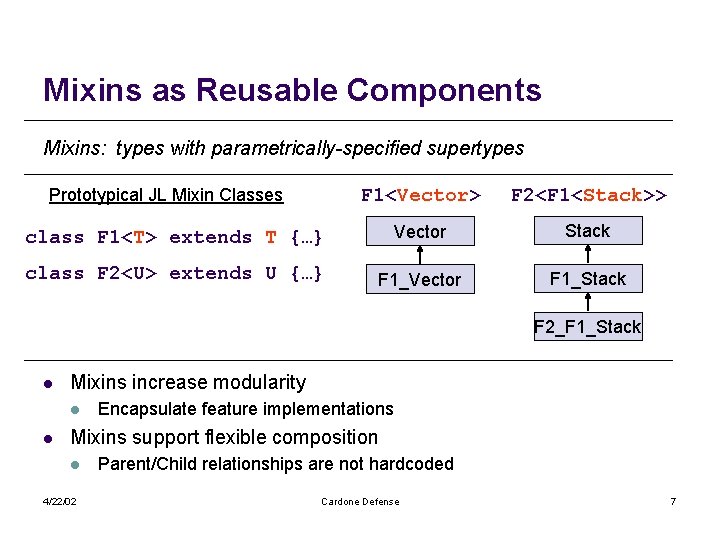 Mixins as Reusable Components Mixins: types with parametrically-specified supertypes F 1<Vector> F 2<F 1<Stack>>