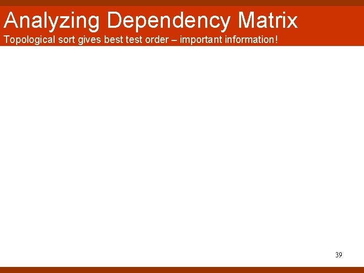 Analyzing Dependency Matrix Topological sort gives best test order – important information! 39 Analyzing Dependency Matrix Topological sort gives best test order – important information! 39