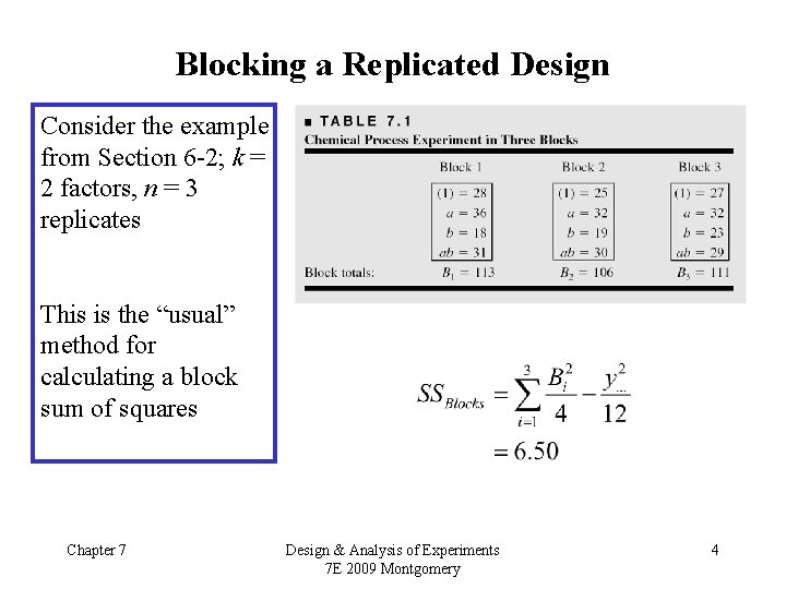 Blocking a Replicated Design Consider the example from Section 6 -2; k = 2