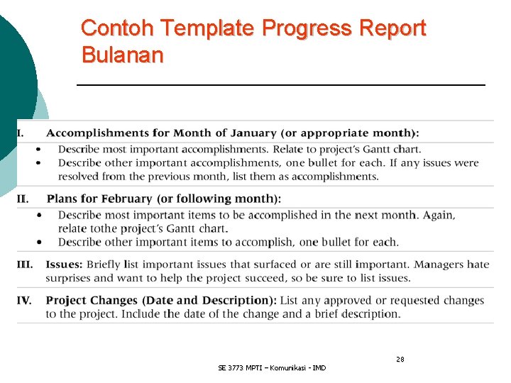 Contoh Template Progress Report Bulanan SE 3773 MPTI – Komunikasi - IMD 28 