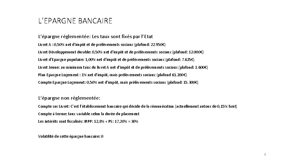 L’EPARGNE BANCAIRE L’épargne réglementée: Les taux sont fixés par l’Etat Livret A : 0,