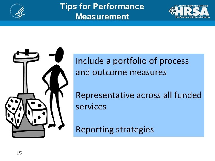 Tips for Performance Measurement Include a portfolio of process and outcome measures Representative across