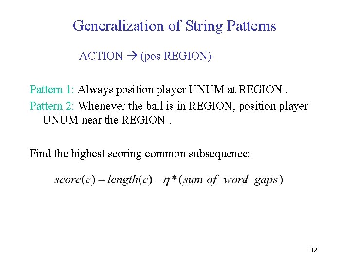 Generalization of String Patterns ACTION (pos REGION) Pattern 1: Always position player UNUM at