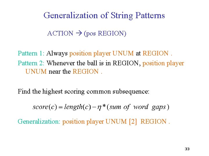 Generalization of String Patterns ACTION (pos REGION) Pattern 1: Always position player UNUM at