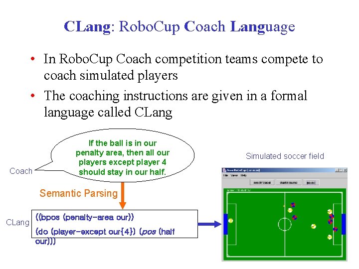 CLang: Robo. Cup Coach Language • In Robo. Cup Coach competition teams compete to