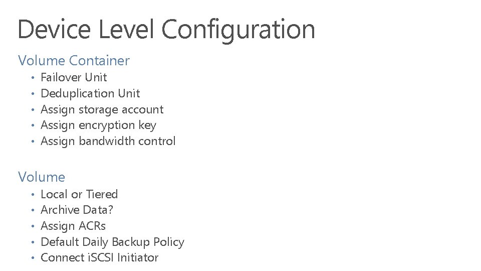 Device Level Configuration Volume Container • • • Failover Unit Deduplication Unit Assign storage