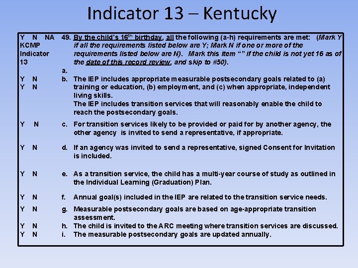 Indicator 13 – Kentucky Y N NA 49. By the child’s 16 th birthday,