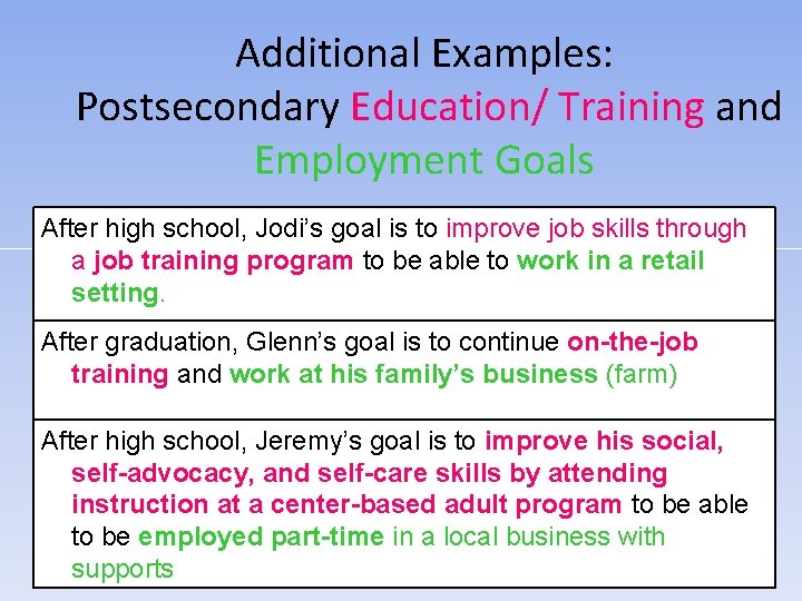 Additional Examples: Postsecondary Education/ Training and Employment Goals After high school, Jodi’s goal is