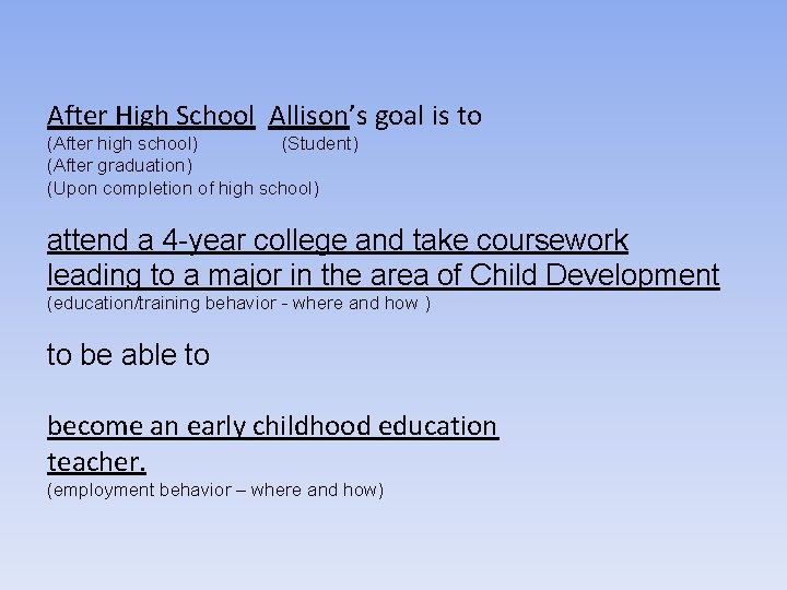 After High School Allison’s goal is to (After high school) (Student) (After graduation) (Upon