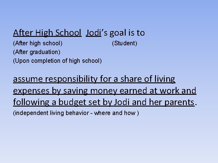 After High School Jodi’s goal is to (After high school) (After graduation) (Upon completion