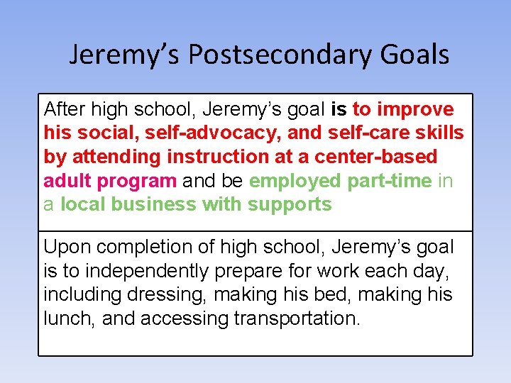 Jeremy’s Postsecondary Goals After high school, Jeremy’s goal is to improve his social, self-advocacy,