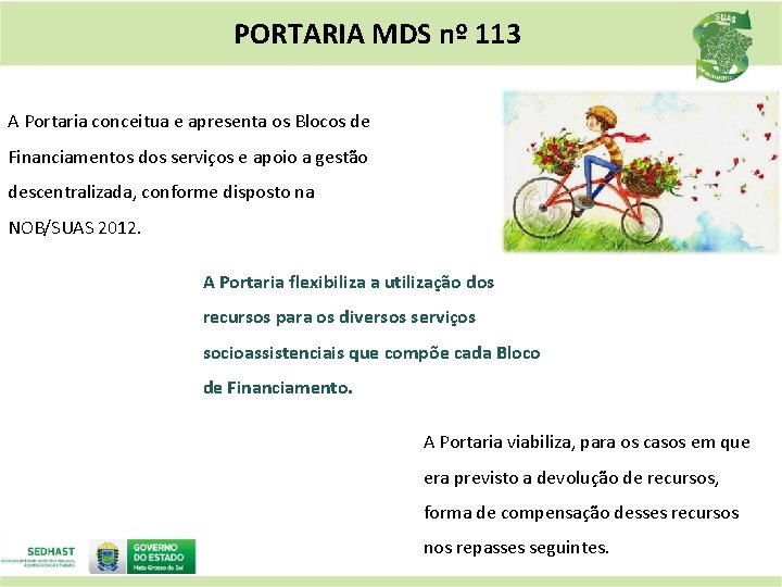 PORTARIA MDS nº 113 A Portaria conceitua e apresenta os Blocos de Financiamentos dos