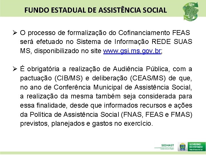 FUNDO ESTADUAL DE ASSISTÊNCIA SOCIAL Ø O processo de formalização do Cofinanciamento FEAS será