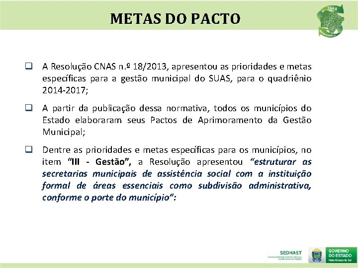 METAS DO PACTO q A Resolução CNAS n. º 18/2013, apresentou as prioridades e