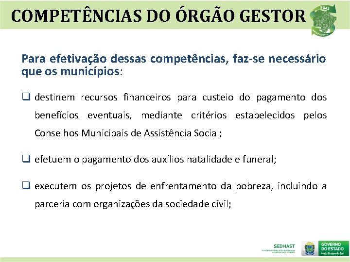 COMPETÊNCIAS DO ÓRGÃO GESTOR Para efetivação dessas competências, faz-se necessário que os municípios: q