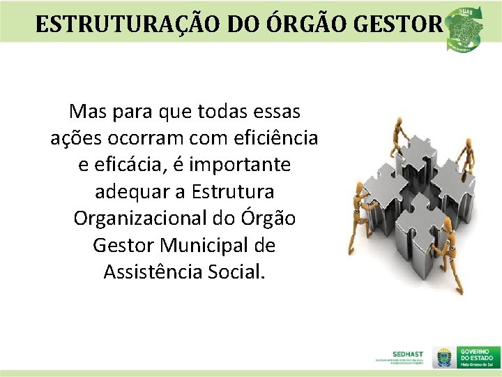 ESTRUTURAÇÃO DO ÓRGÃO GESTOR Mas para que todas essas ações ocorram com eficiência e