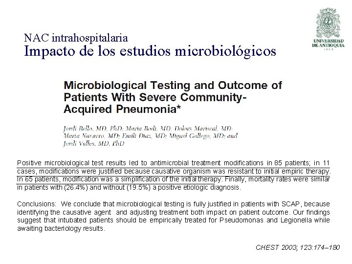 NAC intrahospitalaria Impacto de los estudios microbiológicos Positive microbiological test results led to antimicrobial