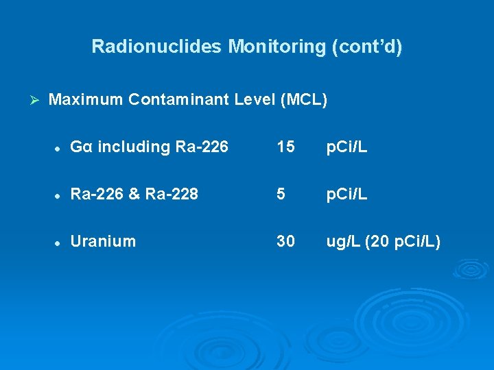 Radionuclides Monitoring (cont’d) Ø Maximum Contaminant Level (MCL) l Gα including Ra-226 15 p.