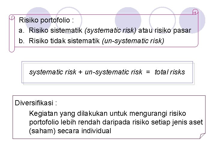 Risiko portofolio : a. Risiko sistematik (systematic risk) atau risiko pasar b. Risiko tidak