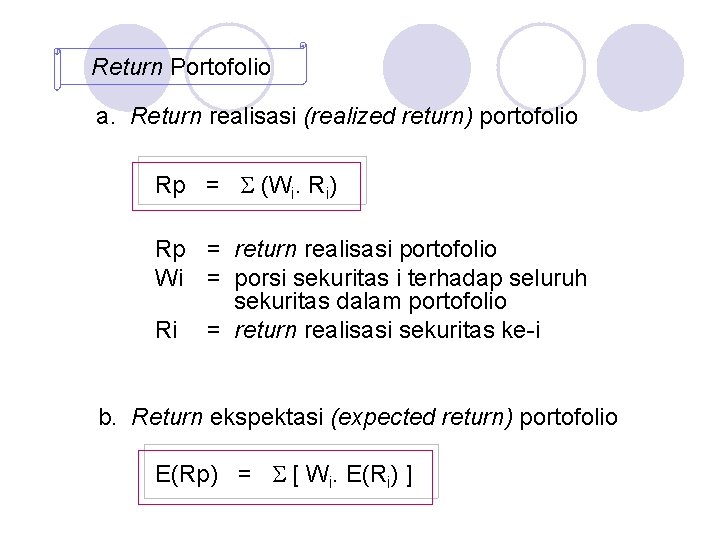 Return Portofolio a. Return realisasi (realized return) portofolio Rp = (Wi. Ri) Rp =