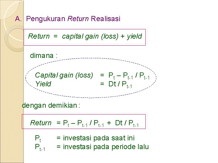 A. Pengukuran Return Realisasi Return = capital gain (loss) + yield dimana : Capital