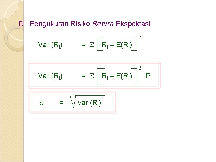D. Pengukuran Risiko Return Ekspektasi 2 Var (Ri) = Ri – E(Ri) 2 Var