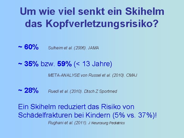 Um wie viel senkt ein Skihelm das Kopfverletzungsrisiko? ~ 60% Sulheim et al. (2006).