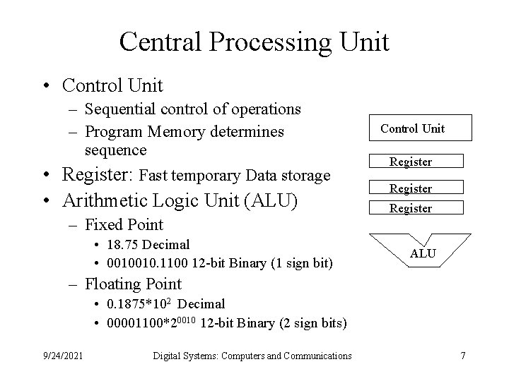 Central Processing Unit • Control Unit – Sequential control of operations – Program Memory