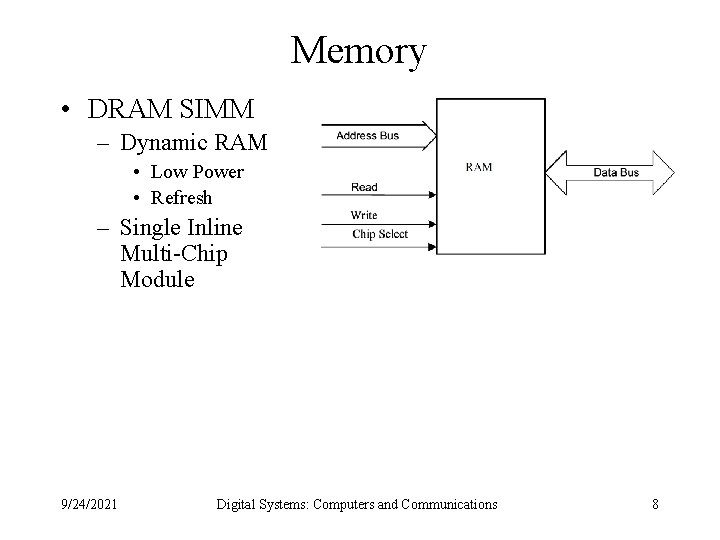 Memory • DRAM SIMM – Dynamic RAM • Low Power • Refresh – Single
