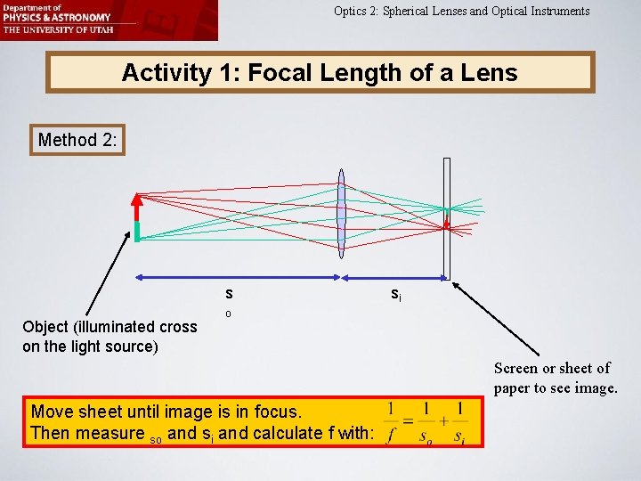 Optics 2: Spherical Lenses and Optical Instruments Activity 1: Focal Length of a Lens