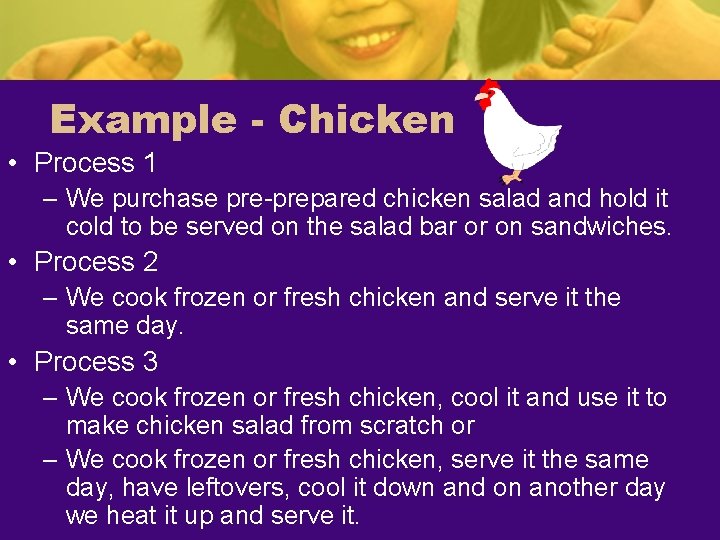 Example - Chicken • Process 1 – We purchase pre-prepared chicken salad and hold