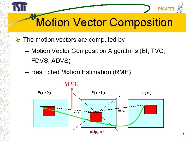 PISATEL Motion Vector Composition The motion vectors are computed by – Motion Vector Composition