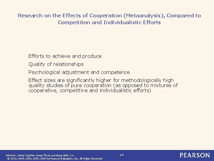 Research on the Effects of Cooperation (Metaanalysis), Compared to Competition and Individualistic Efforts to