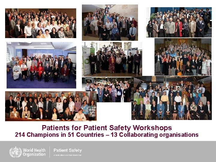 Patients for Patient Safety Workshops 214 Champions in 51 Countries – 13 Collaborating organisations